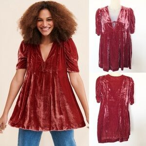 Free People Womens Red Rendevous Velvet Mini Tunic Babydoll Dress Size XS